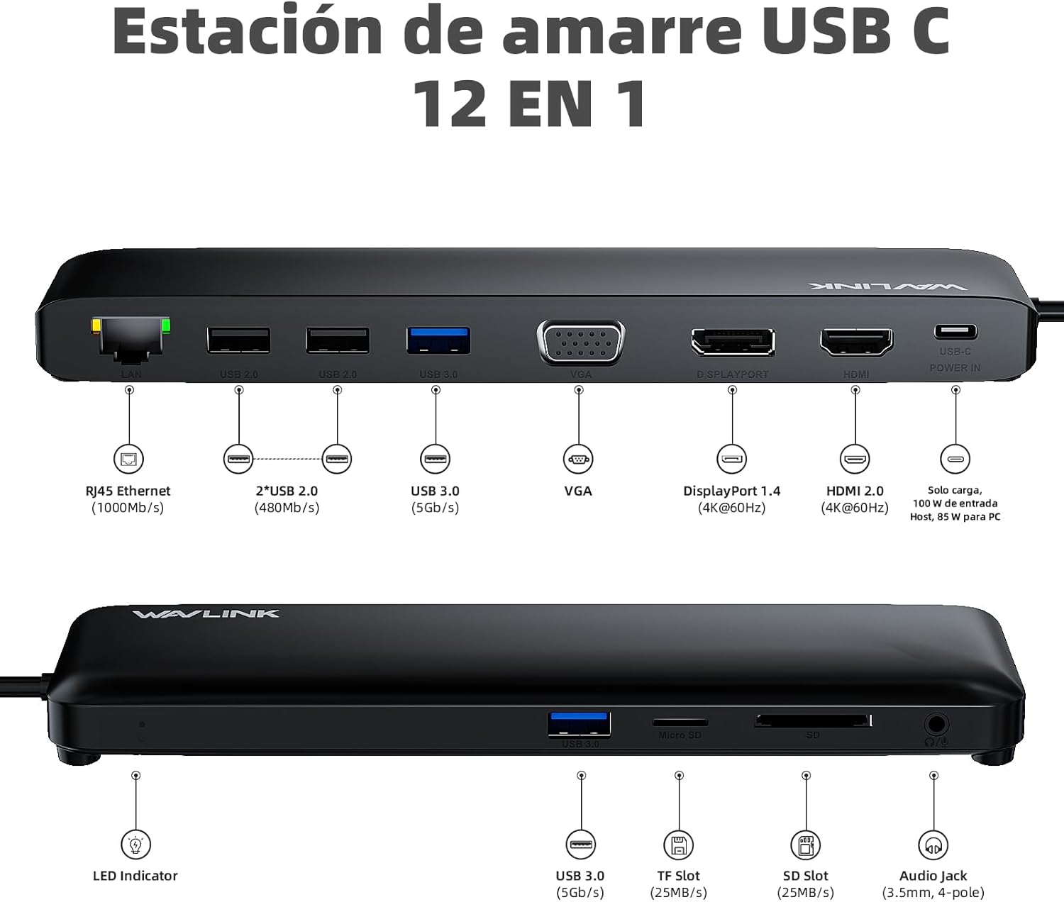 Thumbnail 1 de WAVLINK Estación USB-C 3 Monitores 📺 HDMI, DP, VGA, 100W PD