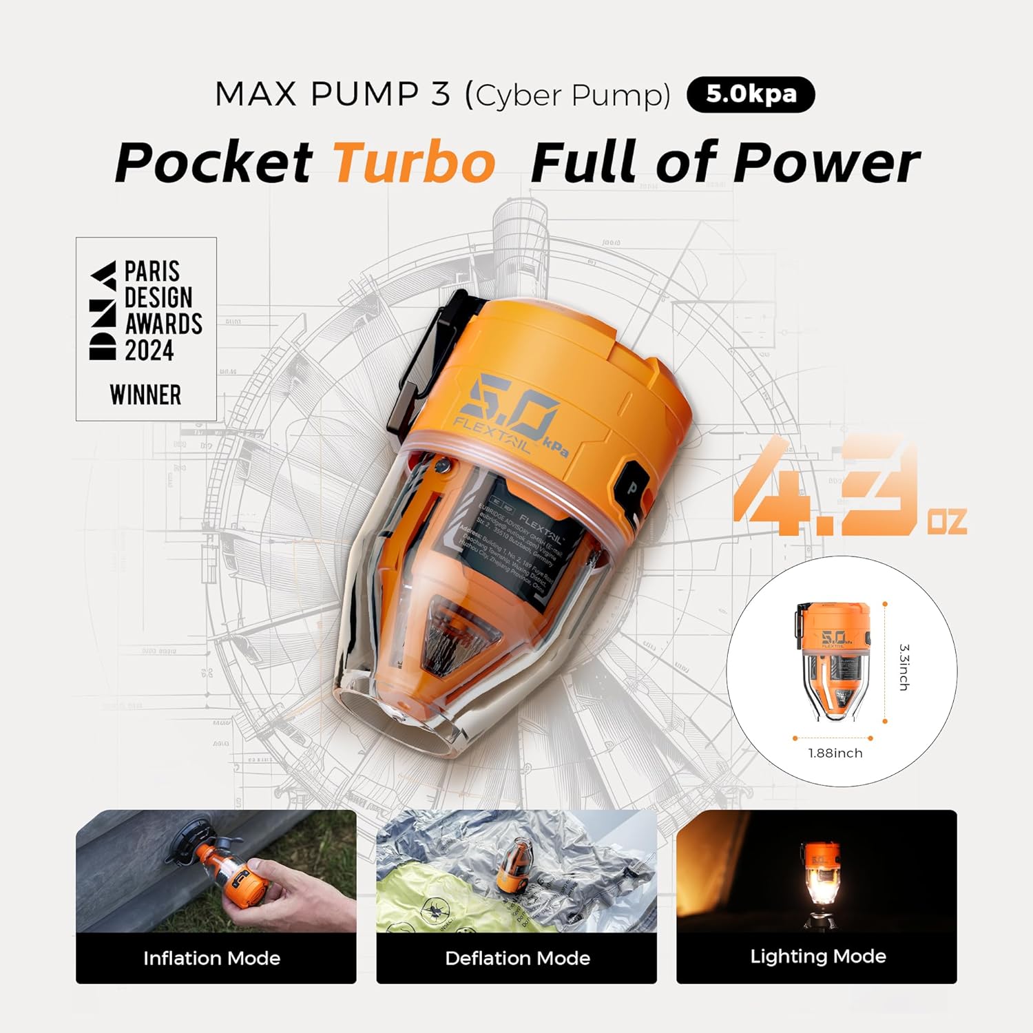 Detalle de FLEXTAILGEAR MAX PUMP 3 Portable Air Pump (5.0kPa) with USB Rechargeable Light