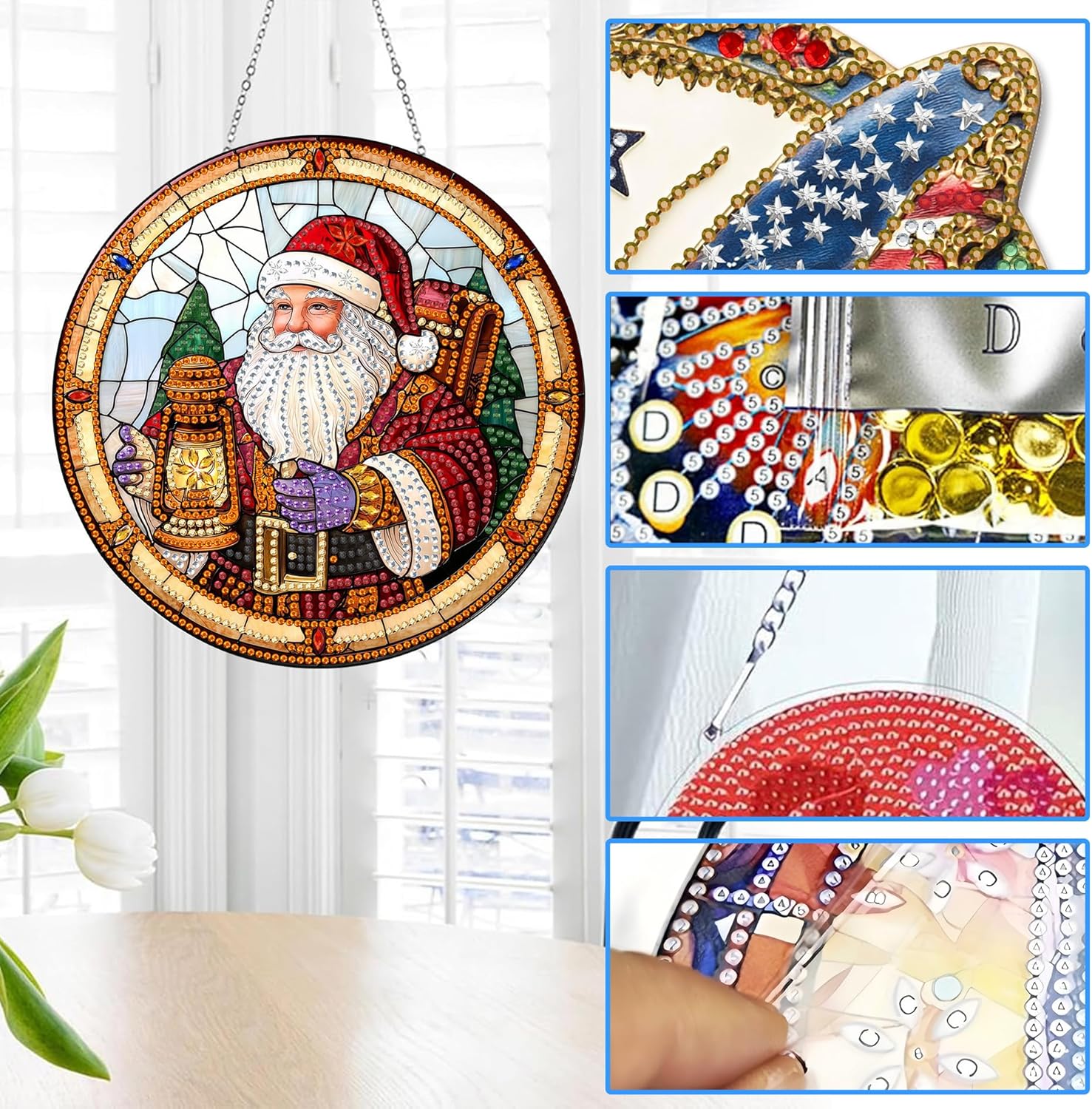 Thumbnail 2 de Reofrey Diamond Painting Doppelseitiger Anhänger aus Acrylbrett (20x20 cm) mit Kette – Weihnachtsmann-Deko für Fenster, Wand & Garten