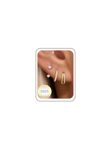 Detalle de ESPVO Gold Hoop Stud Earrings Set for Women (14k Gold Plated, Hypoallergenic) – 3 Pairs