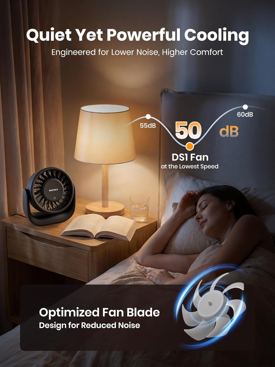 Detalle 2 de Warmco DS1 USB Desk Fan: 6.4 Inch Plug-In, 3 Speeds, USB-C/USB-A Power