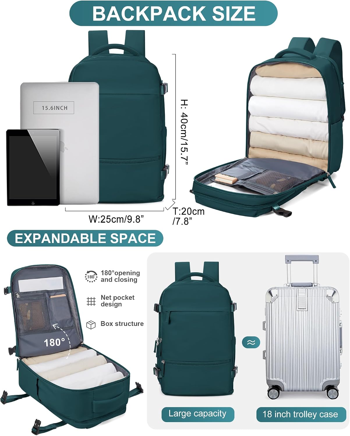 Detalle de SEAFEW Borsa da Cabina per Ryanair 40x30x20 cm – Zaino impermeabile multiuso con scomparti per laptop 14" (G3-blu pavone, chiaro)