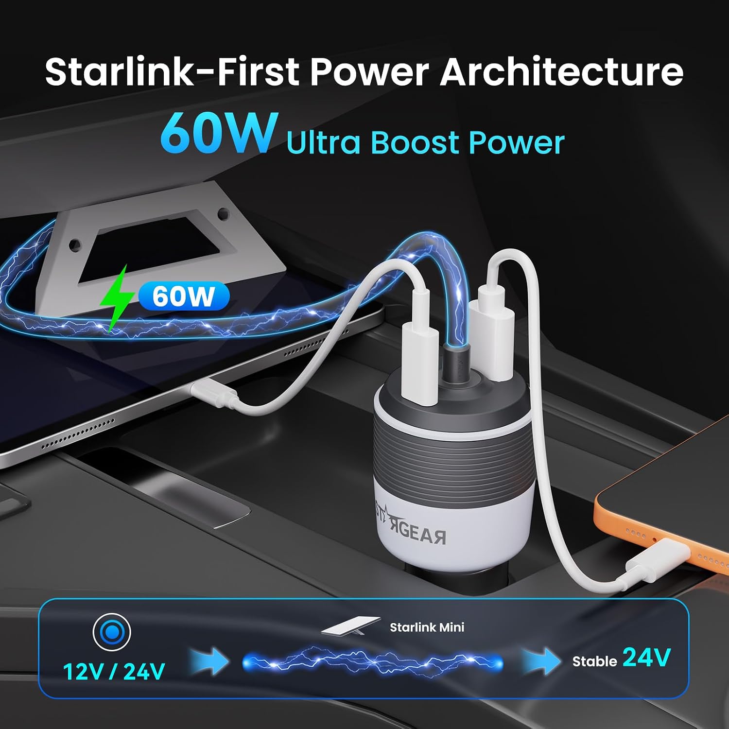 Detalle 2 de Starlink Mini Car Adapter (3-in-1) with Dual USB Ports and 12V to 24V Step Up Converter