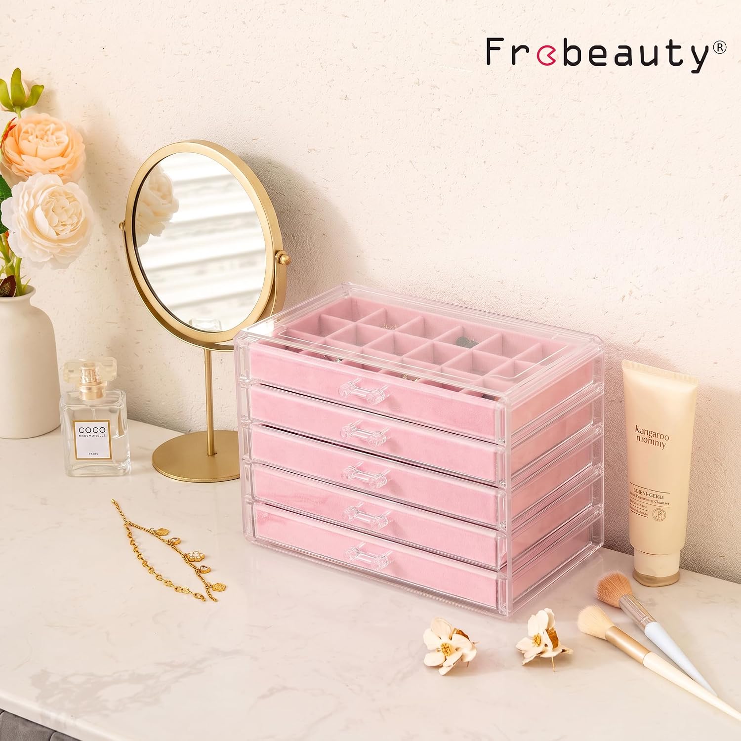 Detalle 2 de Frebeauty akrylowy organizer na biżuterię, 5 szuflad, różowy, aksamitne wkłady