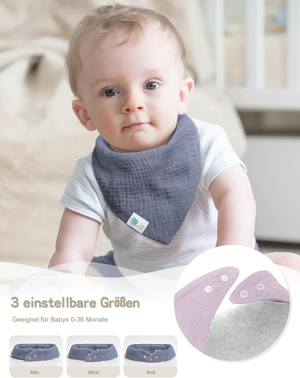 Thumbnail 4 de lulumoon Dreieckstuch aus Musselin – Unisex Baby-Lätzchen aus Musselin und Frottee, 3 Größen