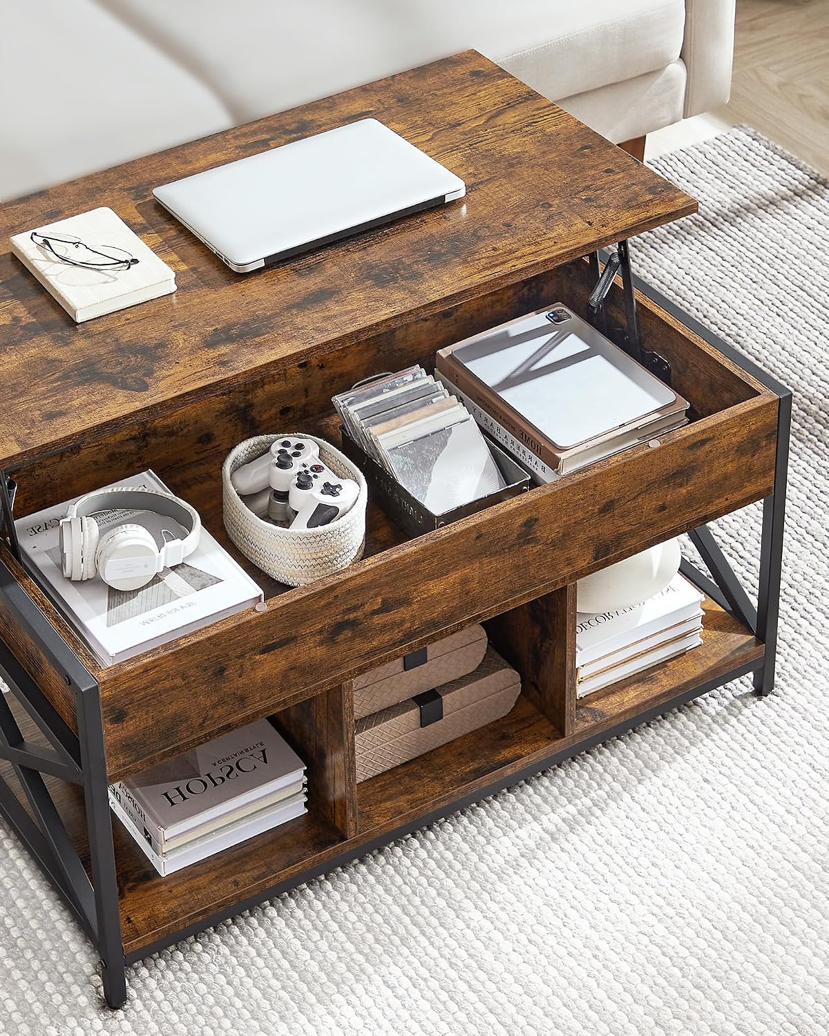 Detalle 1 de VASAGLE LCT202B01 Lift-Top Coffee Table with Steel Frame and Hidden Storage