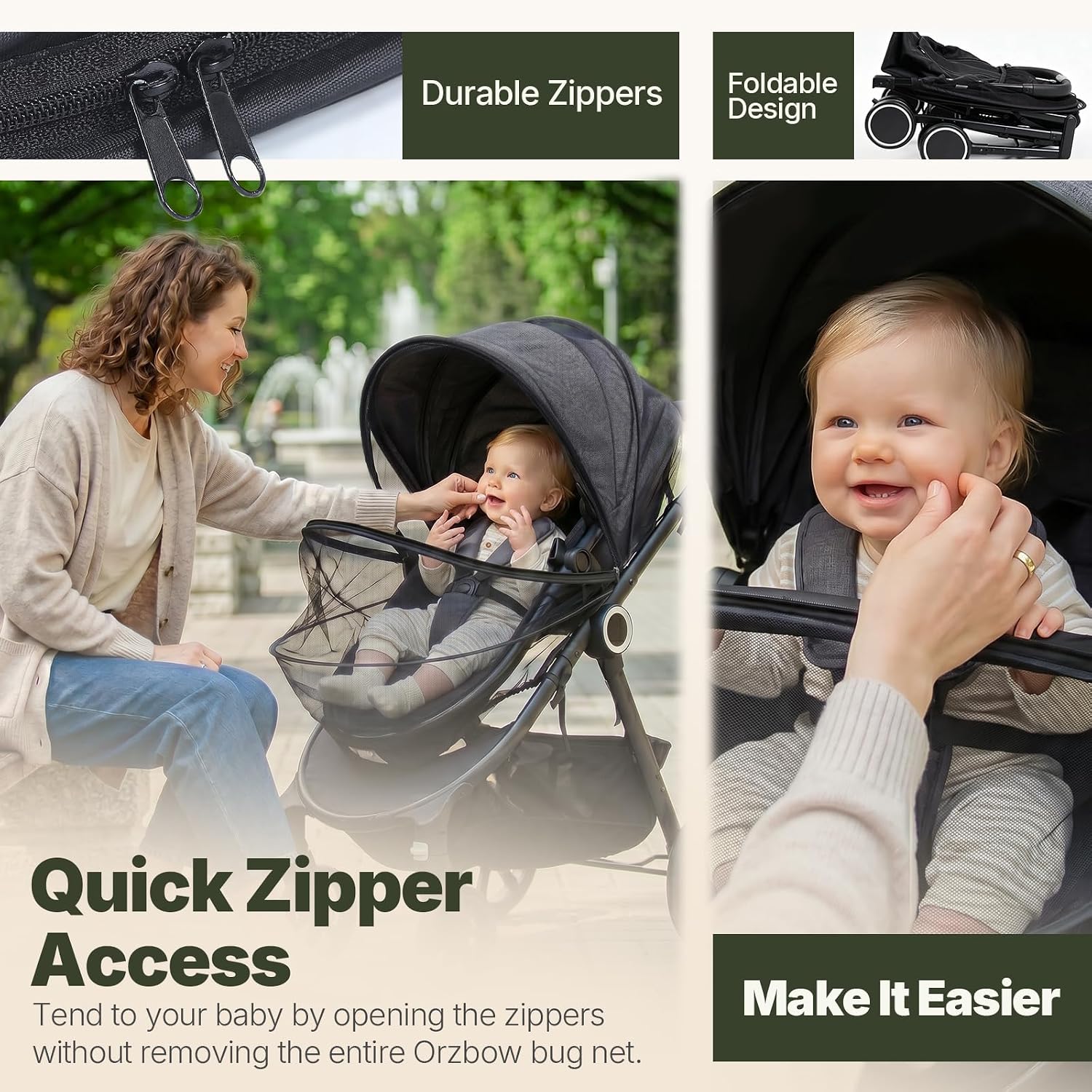 Detalle 2 de Orzbow Mosquito Net for Pram – Universal pram, buggy and car seat bug net with zippers (black)