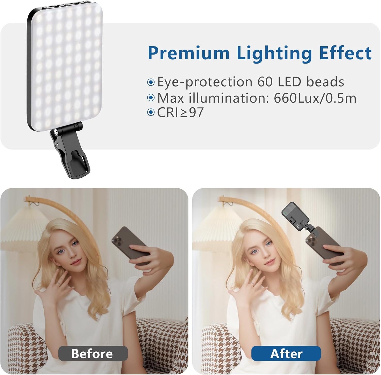 Thumbnail 3 de ALTSON 60 LED Portable Selfie Light (CRI 97+), Rechargeable Phone/Webcam Video Light with Clip & 1/4" Tripod Adapter