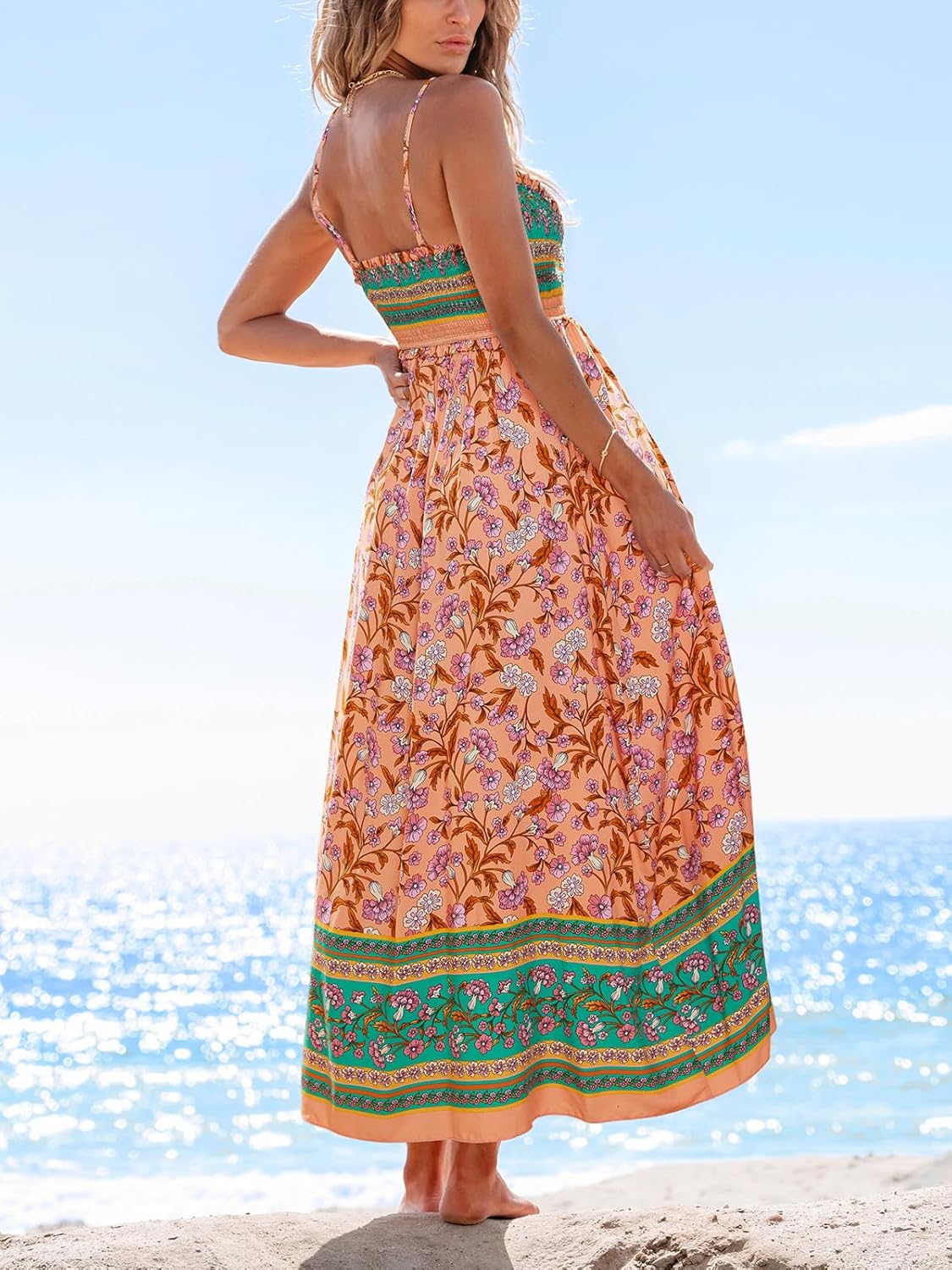 Detalle de CUPSHE Maxi abito estivo floreale senza maniche con punto smock – stile boho elegante per spiaggia