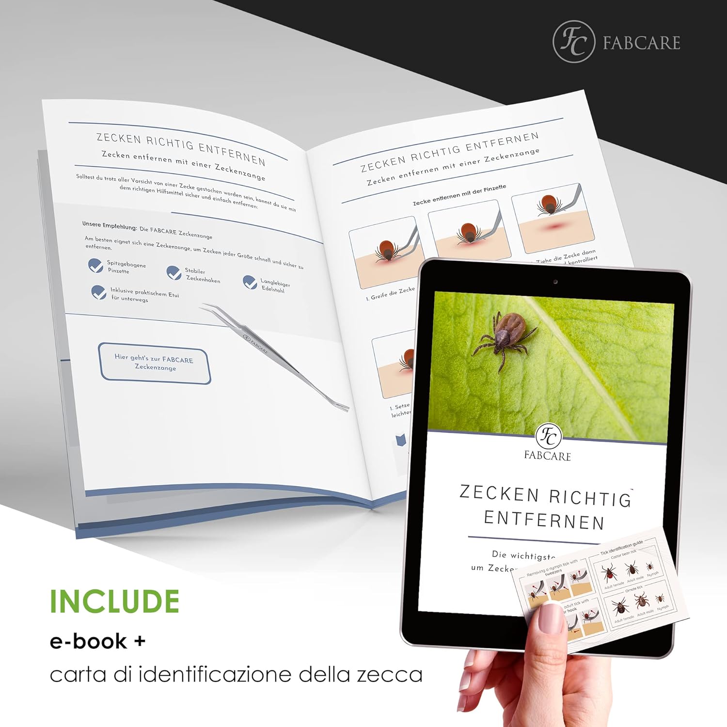 Thumbnail 5 de FABCARE 2 in 1 Pinza per zecche con uncino – custodia, eBook e scheda rilevamento