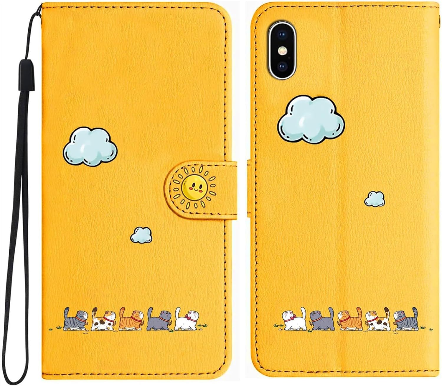 Detalle de Geldbörse Hülle für iPhone XS MAX – Gelb mit Katzenmuster, PU+TPU, magnetischer Verschluss