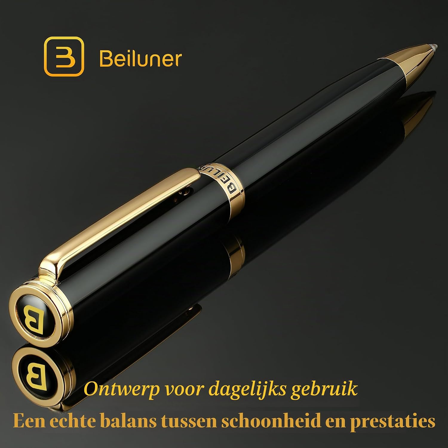 Detalle 2 de BEILUNER XZB-301-BK gelpen van messing met 24K-goudlaag en zwarte lak