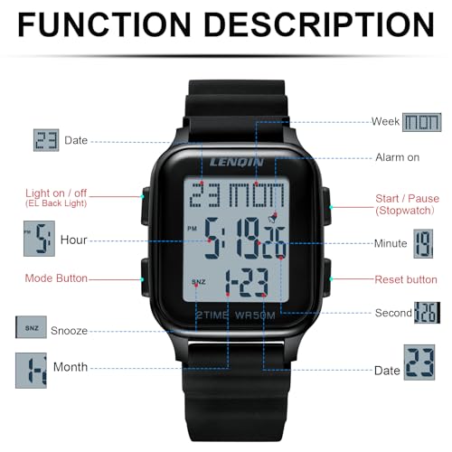 Detalle de LN LENQIN Reloj Digital Deportivo para Hombres – 50 m/12 mm ultradelgado con luz EL