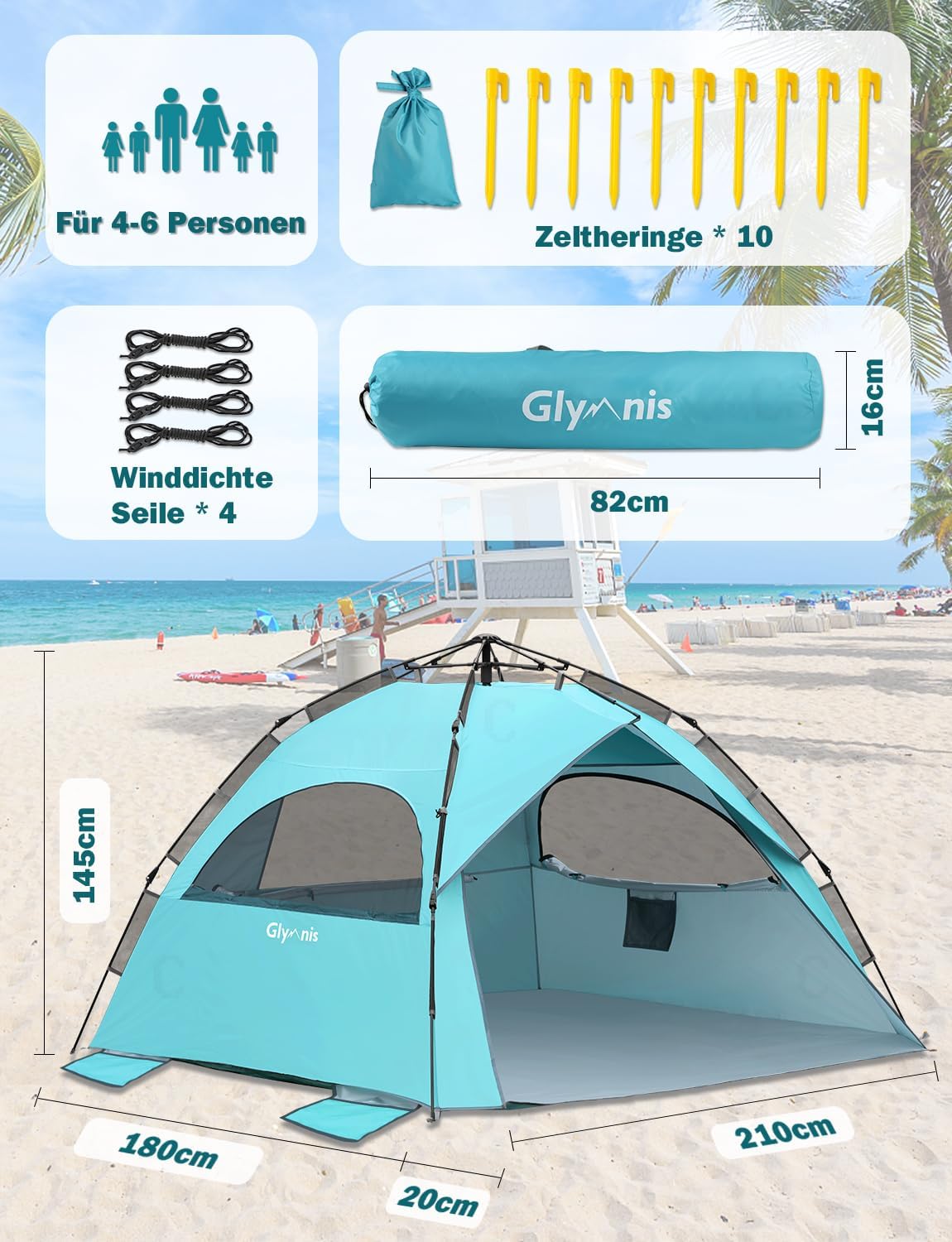 Detalle 2 de Glymnis Strandmuschel Quick Up Strandzelt UV-Schutz 50+ für 4–6 Personen