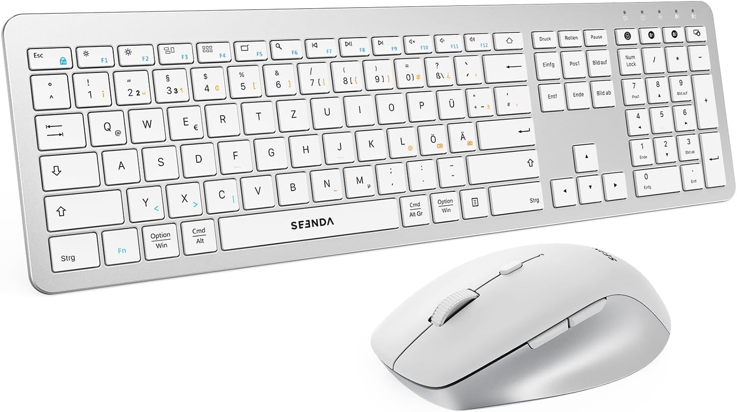 Detalle de Seenda COE300 – Kabellos-Set: Tastatur und Maus, Dual-Bluetooth + 2,4 GHz, ultradünn, QWERTZ, Weiß/Silber