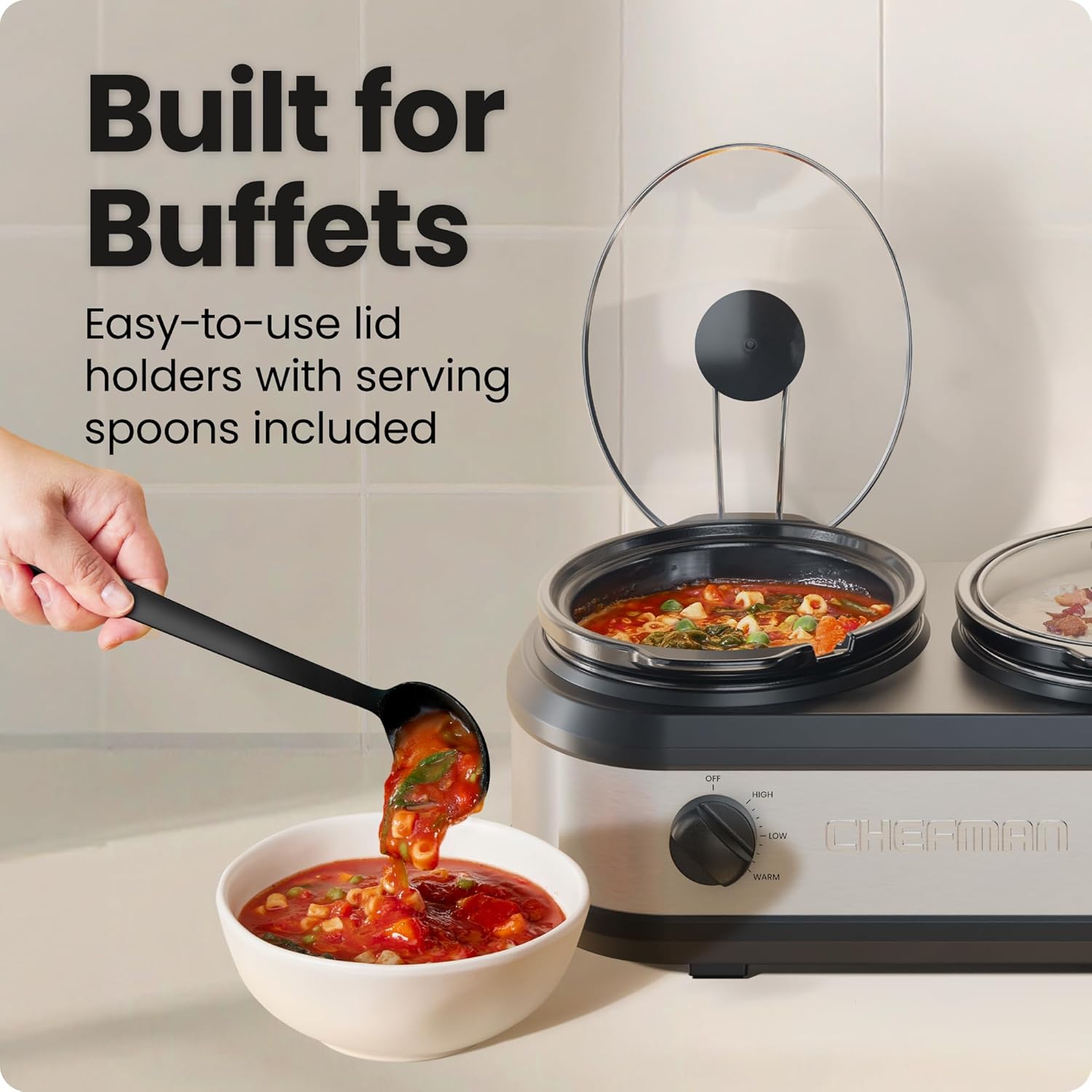 Detalle 2 de Chefman Triple Slow Cooker & Food Warmer with 3 Ceramic Crocks (7.5-Quart Total, PFAS-Free)