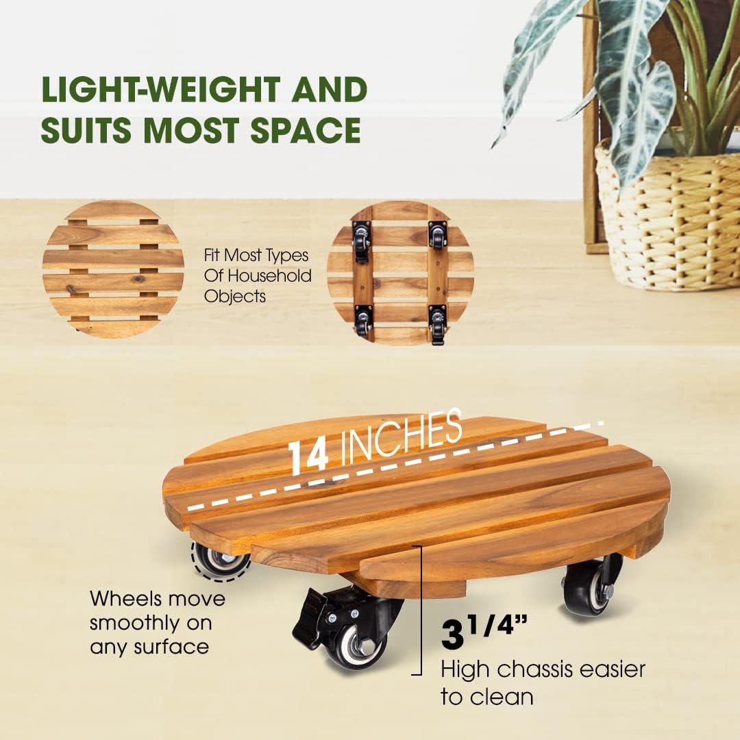 Detalle de IDZO EDNV Acacia Wood Plant Caddy Set, 14-Inch, Locking 360° Wheels