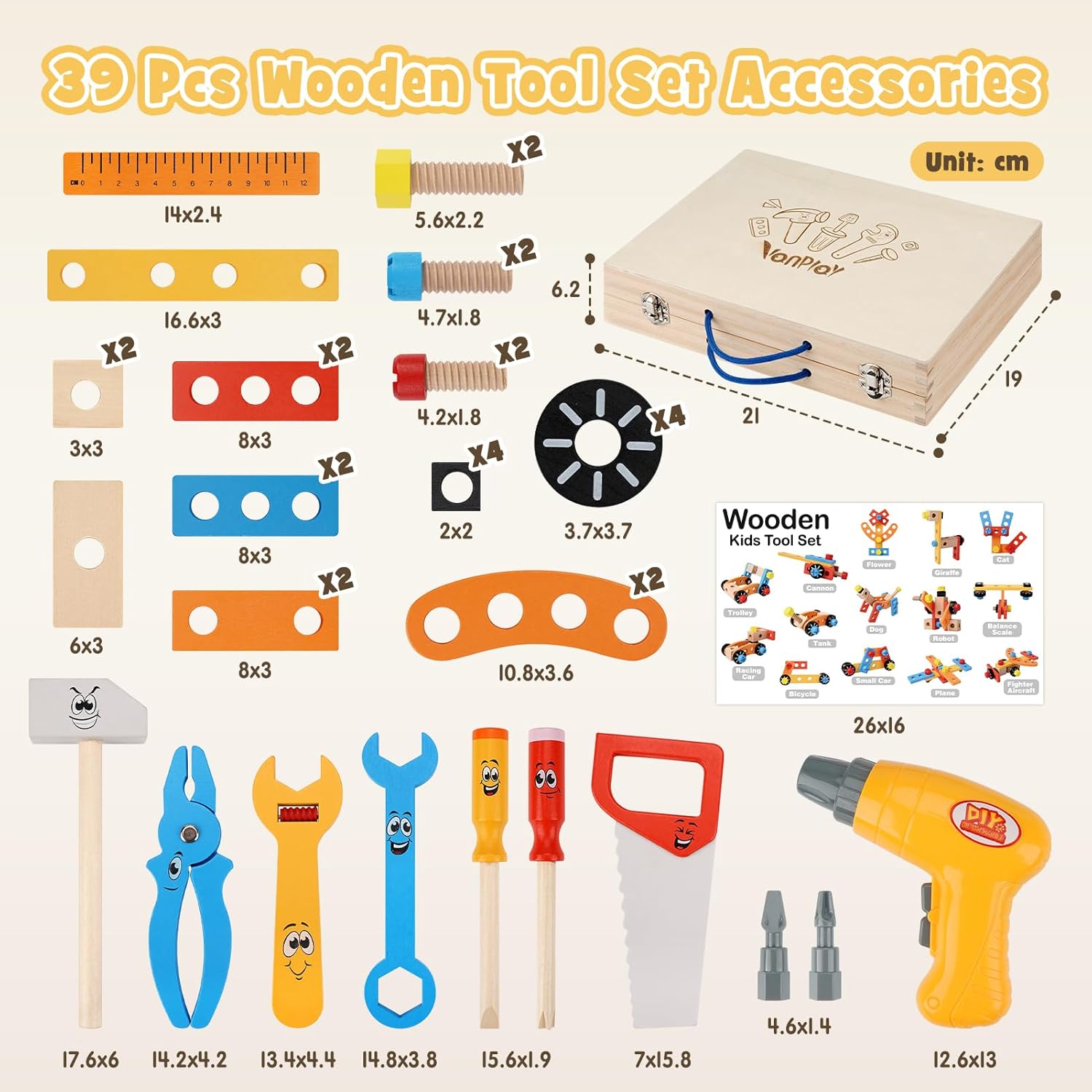 Thumbnail 5 de Kinder Werkzeugkoffer Montessori Holzspielzeug (39-tlg.) ab 3 Jahren – inkl. Akkuschrauber-Spielzeug