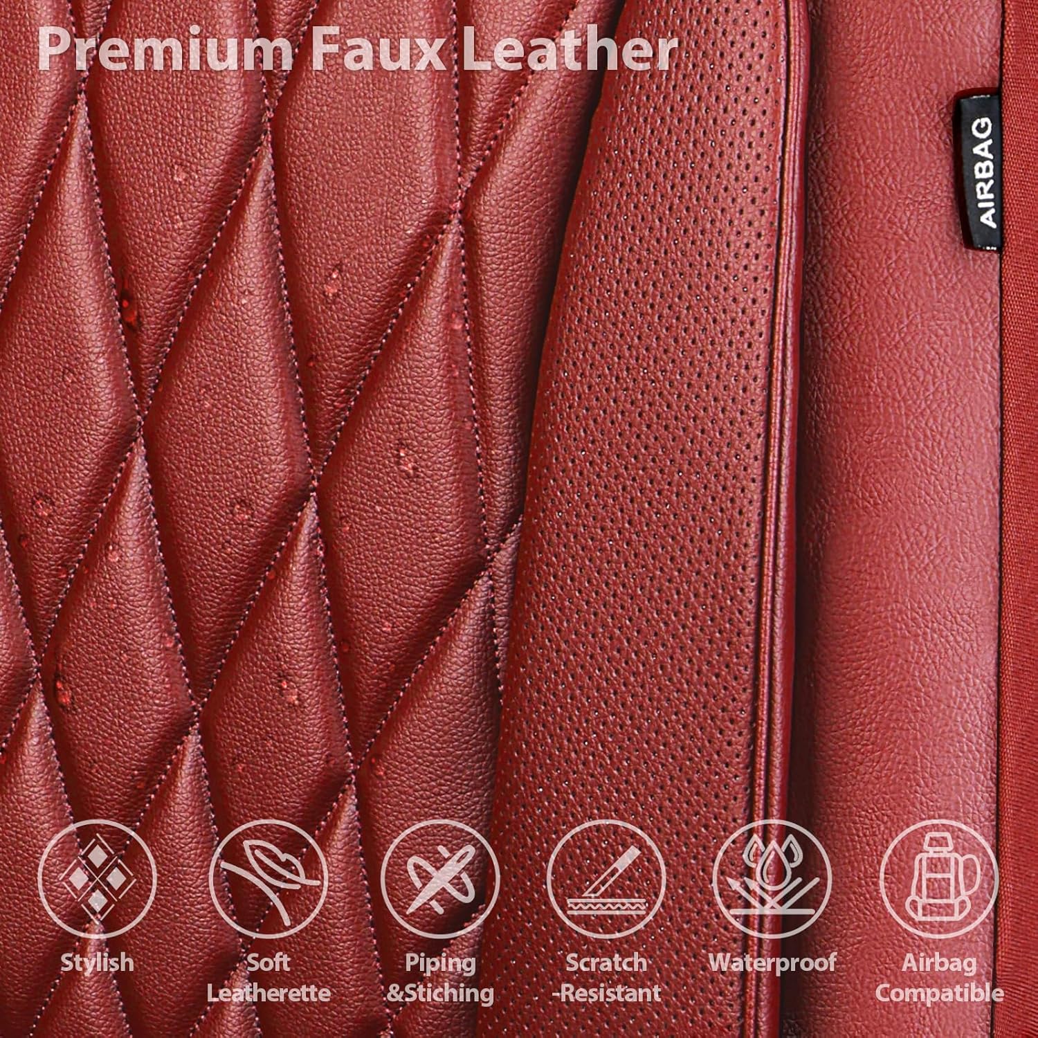 Thumbnail 3 de CAR PASS Piping Luxury Faux PU Leather Two Front Car Seat Covers (Burgundy Red) — Waterproof, Anti-Slip, Airbag Compatible