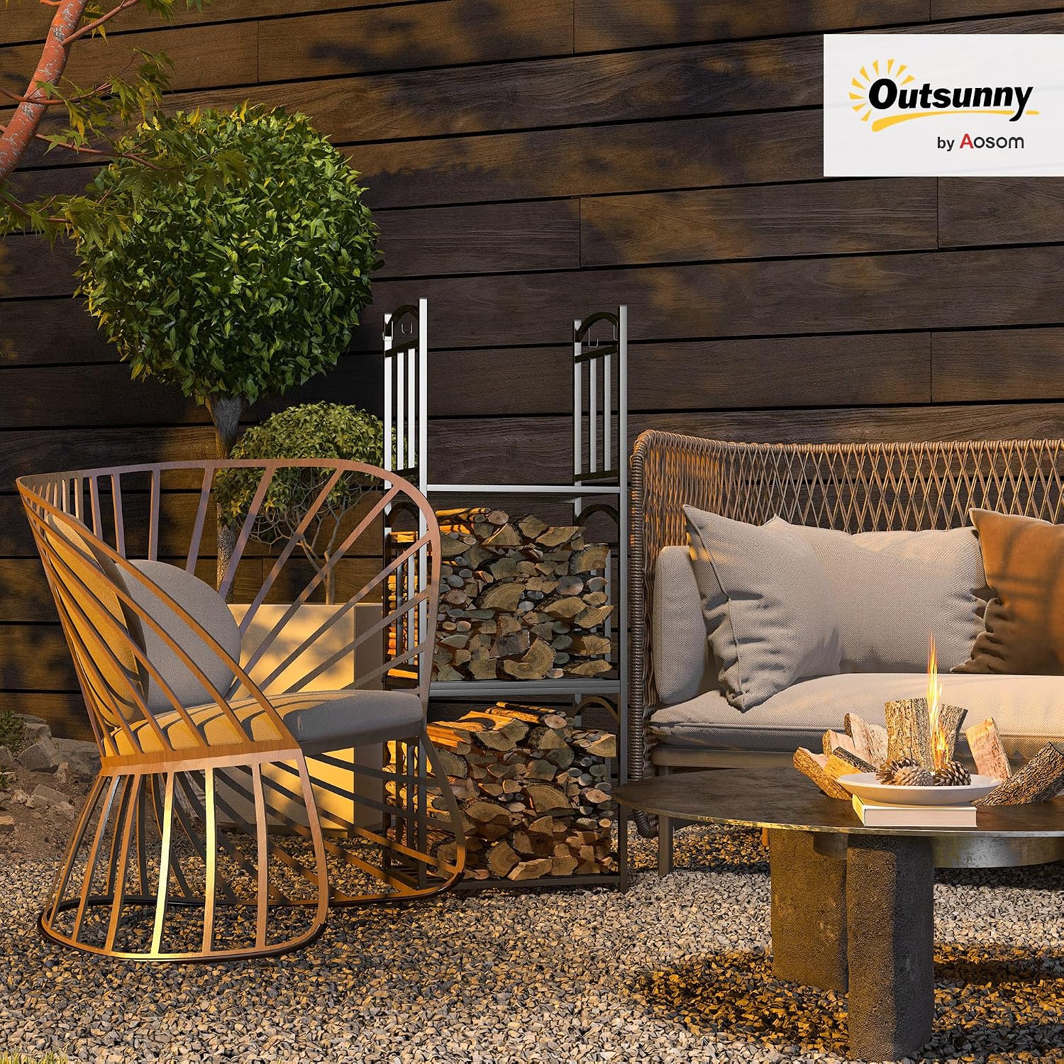 Detalle de Outsunny 842-322V00BK modulaire houthouder van metaal, 46 x 32 x 126 cm
