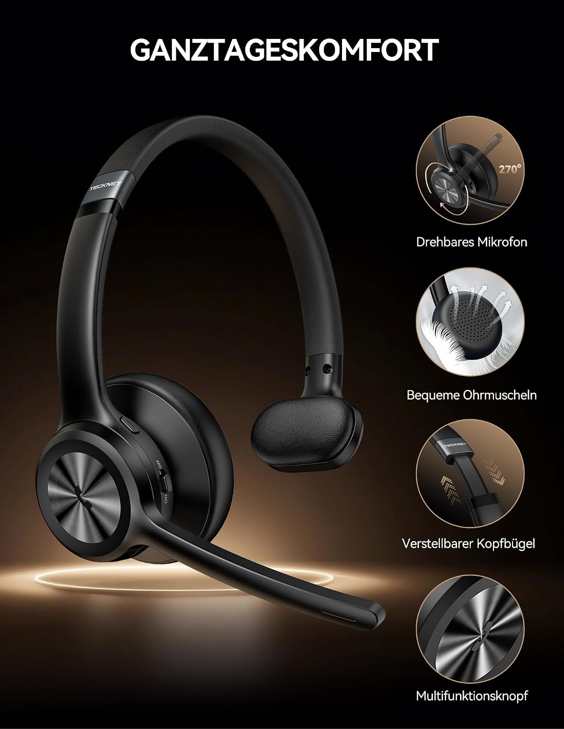 Thumbnail 5 de TECKNET Bluetooth Headset mit Mikrofon – Kabellos, BT6.0, ENC-Rauschunterdrückung, Ein Ohr ideal für Büro, Homeoffice und Callcenter