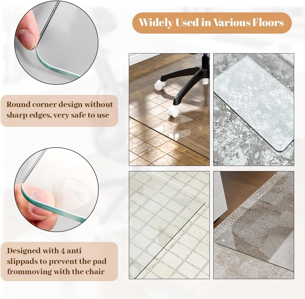 Detalle 2 de Koonmi Office Chair Mat for Carpet, 46" x 60" Tempered Glass, 0.19" Thick