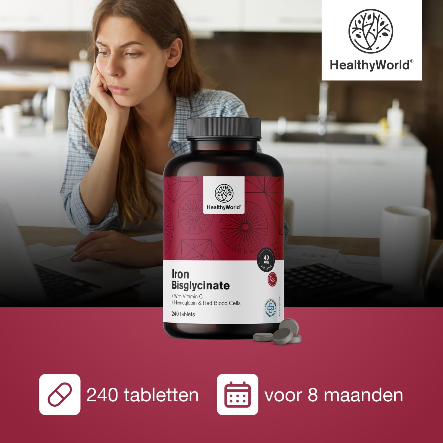 Detalle 2 de HealthyWorld IJzer Bisglycinaat tabletten 40 mg met vitamine C, 240 stuks
