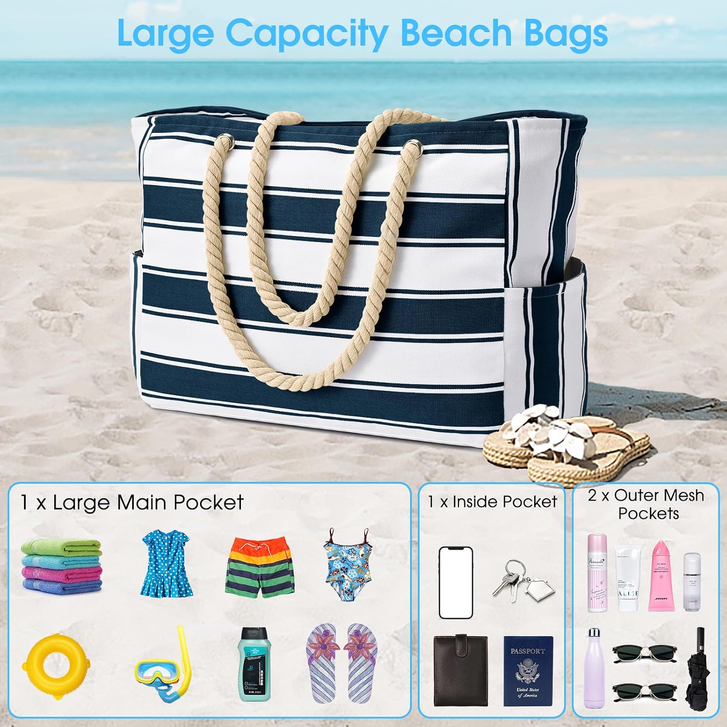 Thumbnail 6 de OSCAURT Large Waterproof Beach Bag with Zip and Rope Handle