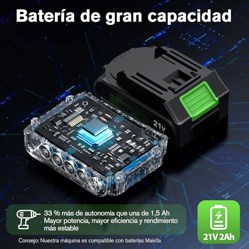 Detalle de Ginour Taladro Percutor a Batería 50 Nm, 21V con 2 Baterías 2Ah y Maletín: versatilidad 3 en 1 para atornillar, taladrar y percutir