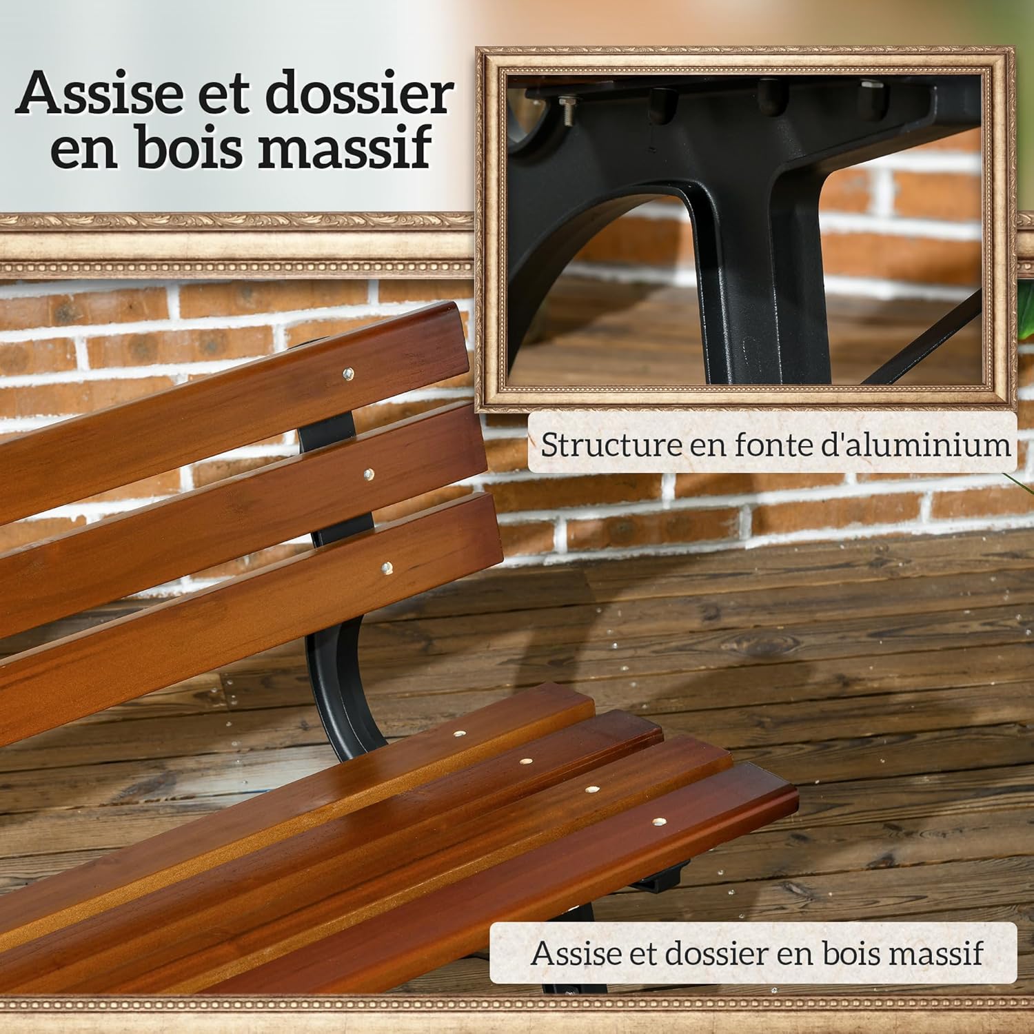 Thumbnail 4 de Outsunny Banc de Jardin Extérieur 2 Places en Aluminium avec Lattes de Bois – 120 cm
