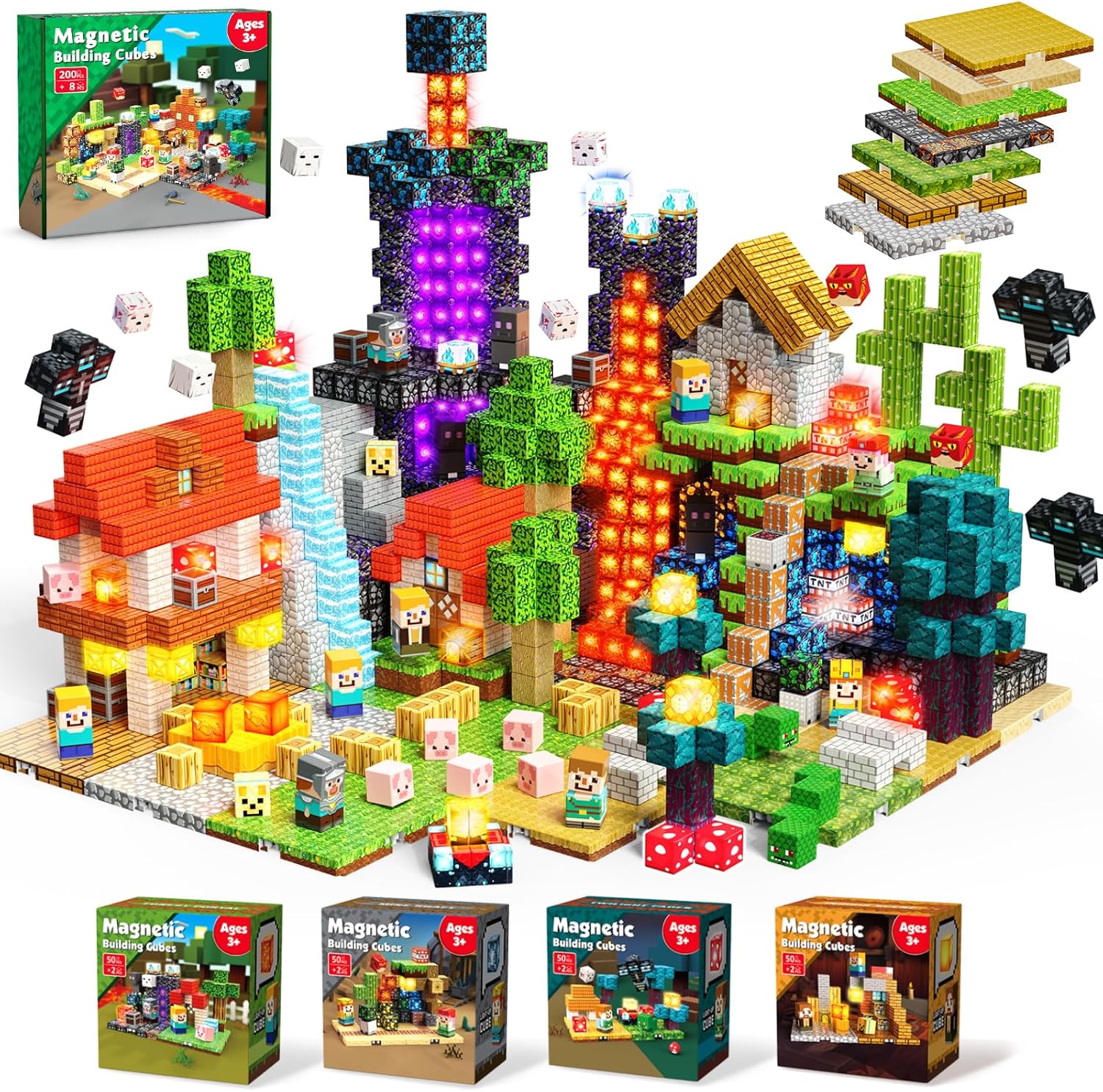 Detalle de ToyUnited 4-in-1 Magnetic Blocks: 200-Piece Magnetic Building Set with 24 Light-Up Blocks and 8 Base Plates