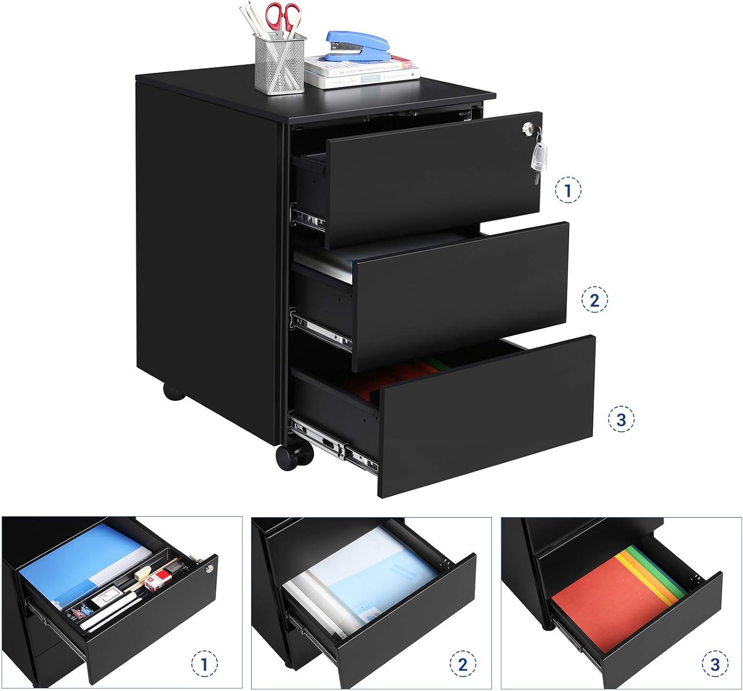 Detalle 2 de SONGMICS OFC63BK Cassettiera da ufficio con ruote e chiusura, 3 cassetti per scrivania (45 x 39 x 54 cm) in nero opaco