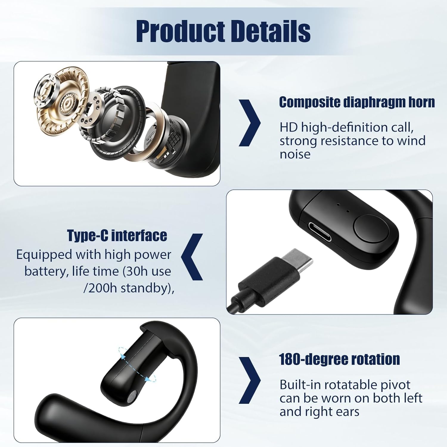 Thumbnail 6 de Bluetooth Headset V5.4 Open-Ear Earpiece with Mic – 30h Talk Time, 200h Standby