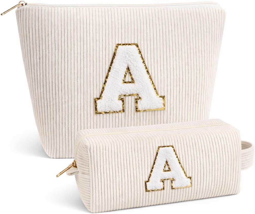 Detalle de Giftota 2er-Set personalisierte Kosmetiktaschen aus Cord – A–Z Buchstaben, Kulturtasche für Reisen