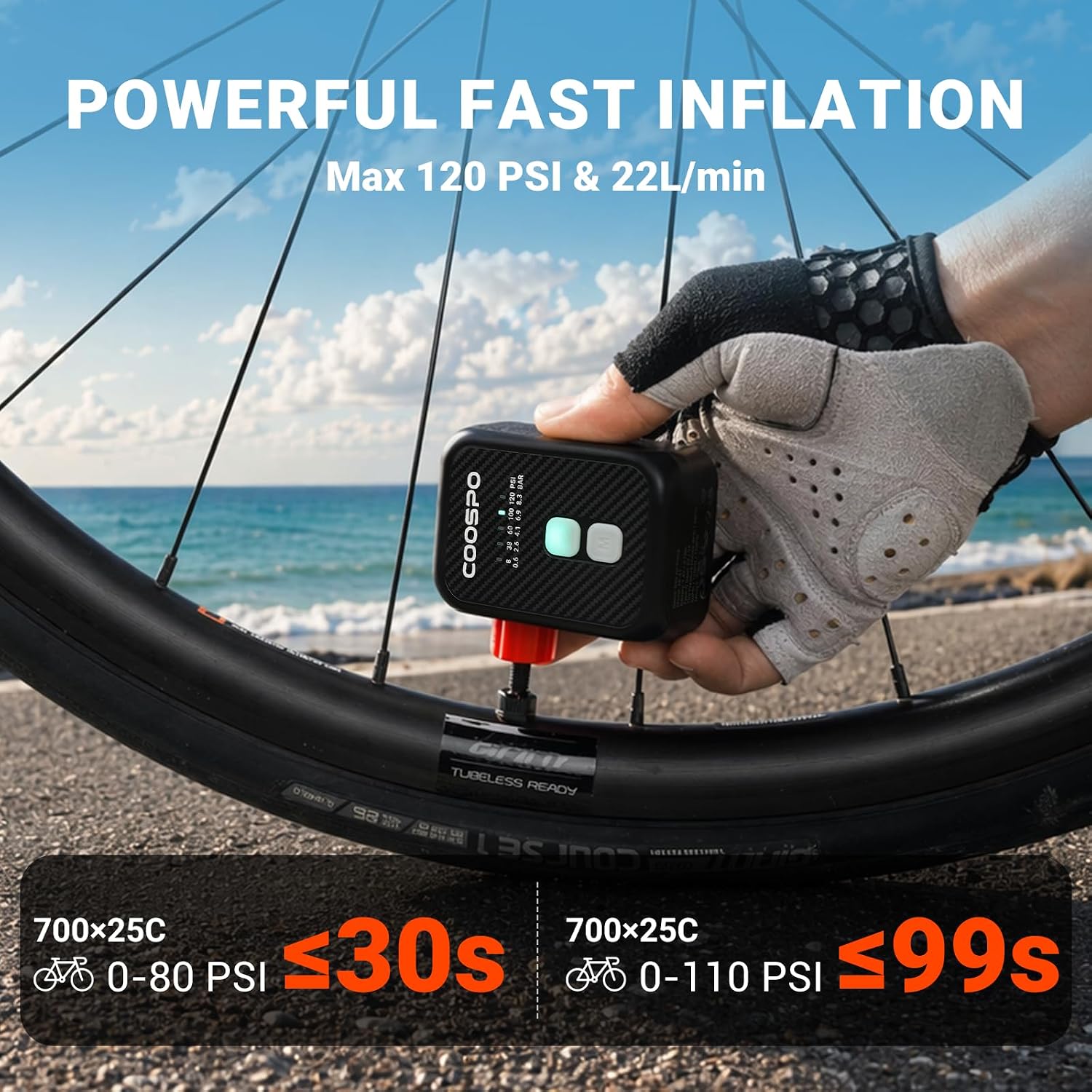 Detalle 2 de CooSpo Mini elektrische fietspomp, 120 psi, presets en automatische uitschakeling