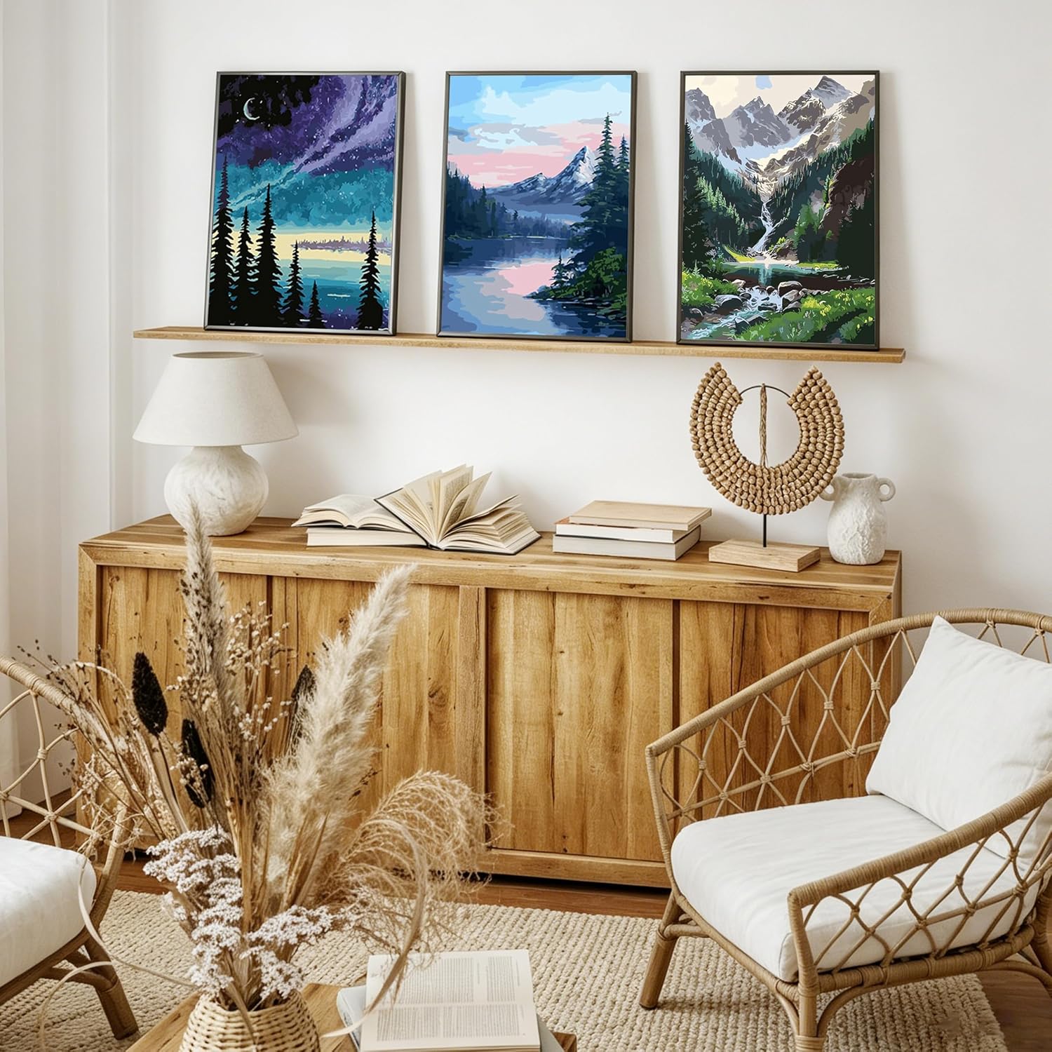 Detalle 2 de Hongyrjy 4 Pack Landscape Paint by Numbers with Framed Canvas and Wooden Easel