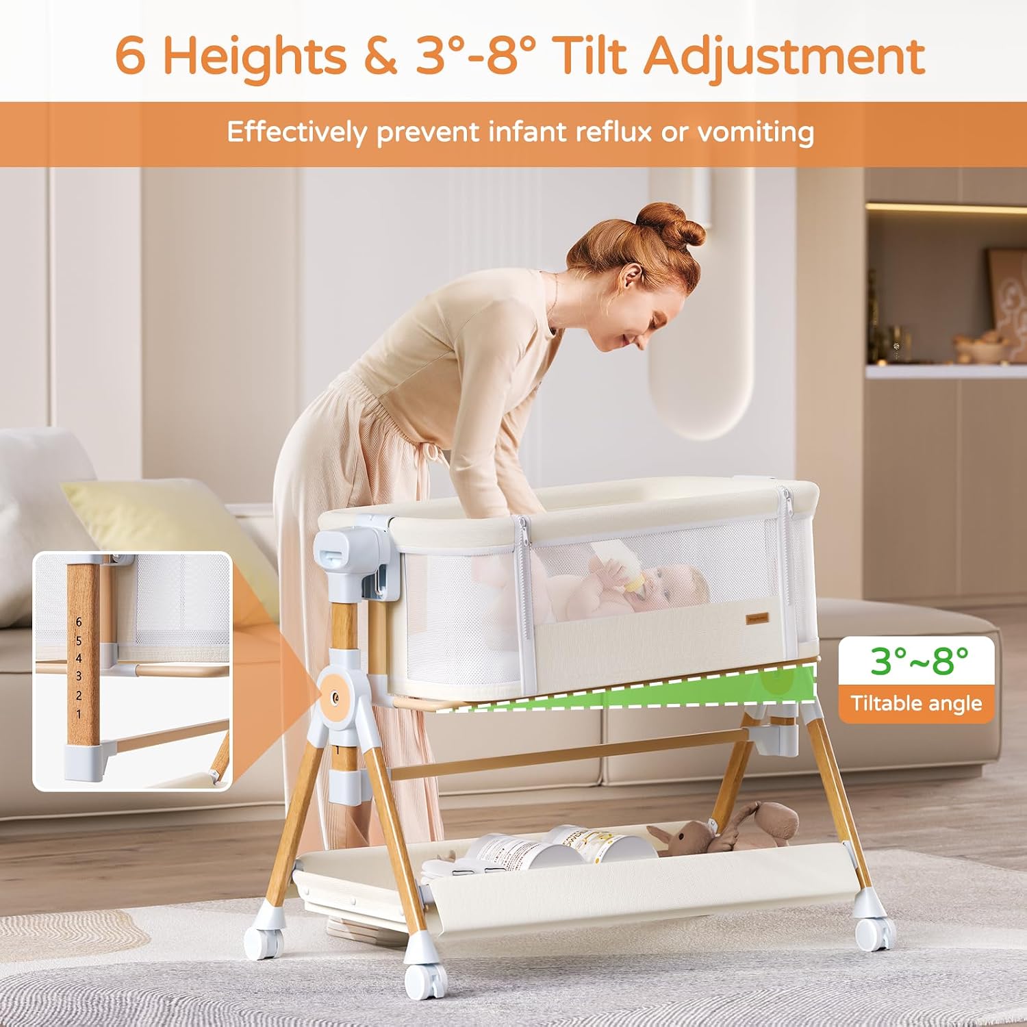 Thumbnail 3 de kingobabys 3-in-1 Baby Bassinet, Beige, with Six Height Settings and Rocking Mode