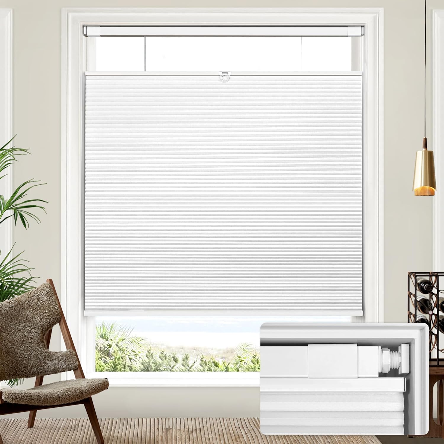 Detalle de LazBlinds 41043420 No-Drill Cellular Shade, 35 x 64 in, White Blackout