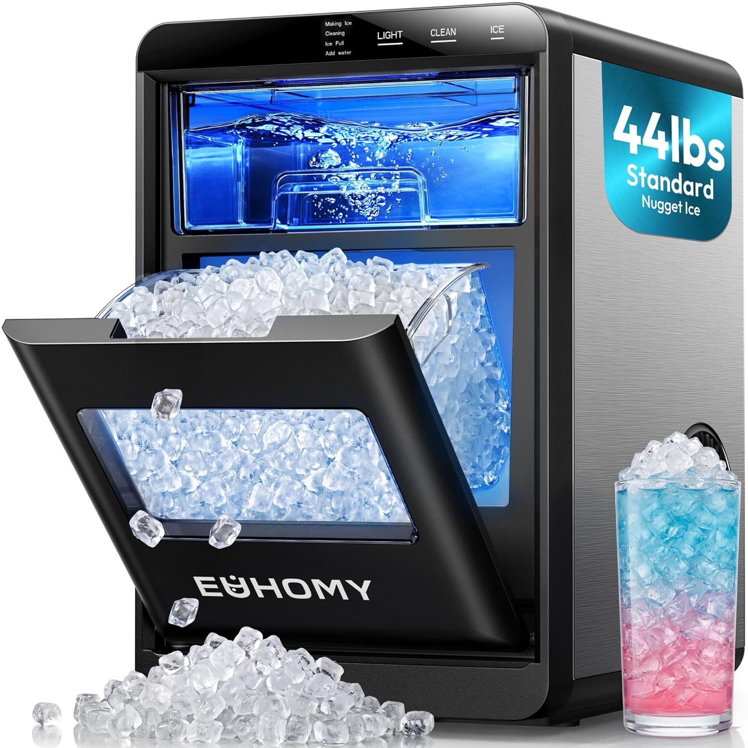Detalle de EUHOMY IM017-N1X2-US Nugget Ice Maker, 44 lb/24h, Self-Cleaning, Black