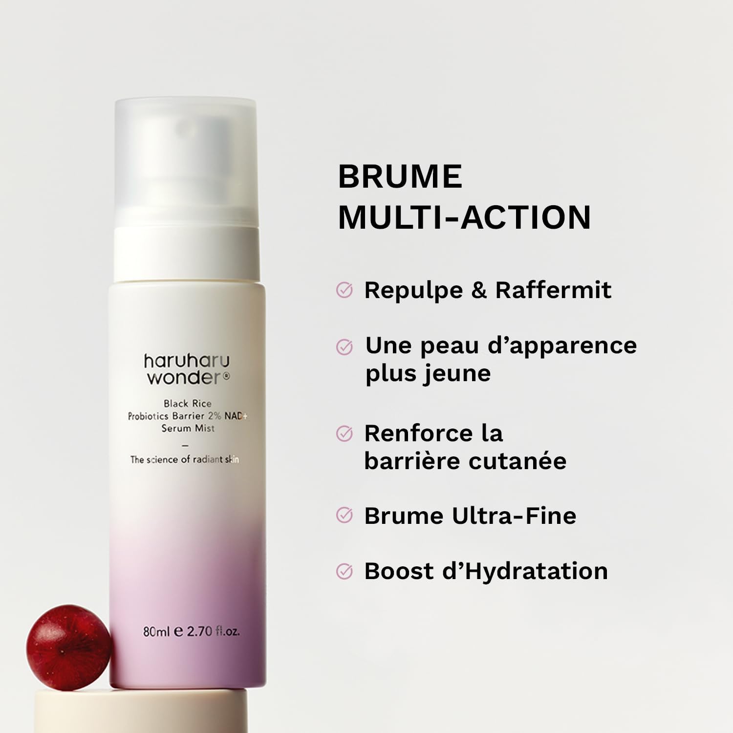Detalle de Haruharu Wonder Black Rice Probiotics 2% NAD+ Serum Mist — brume hydratante et repulpante, 80 ml