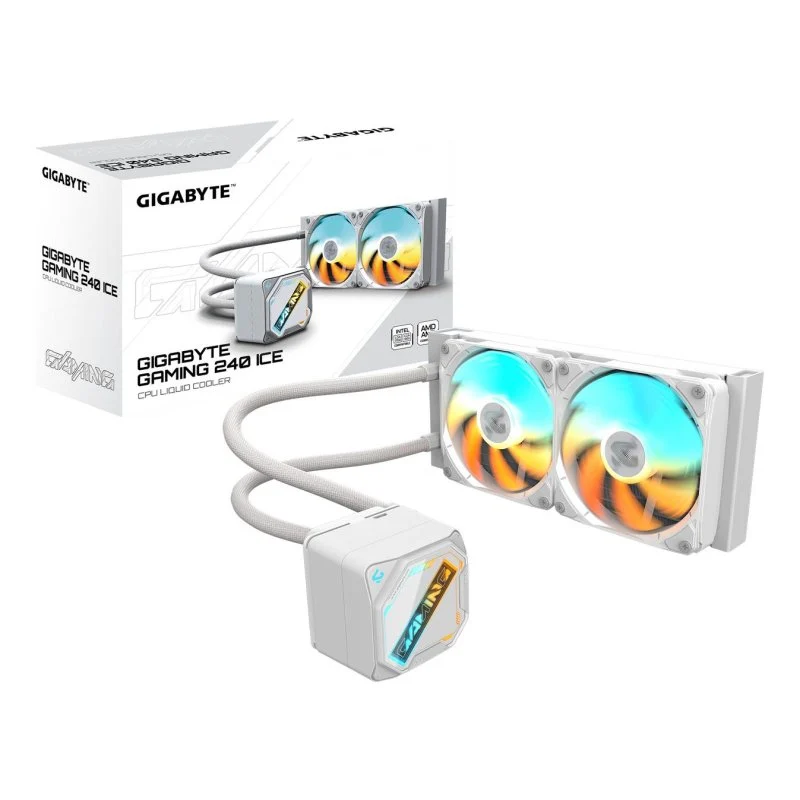 Detalle de Gigabyte Gaming 240 ICE refrigeración líquida ARGB blanca de 240 mm con 2 ventiladores