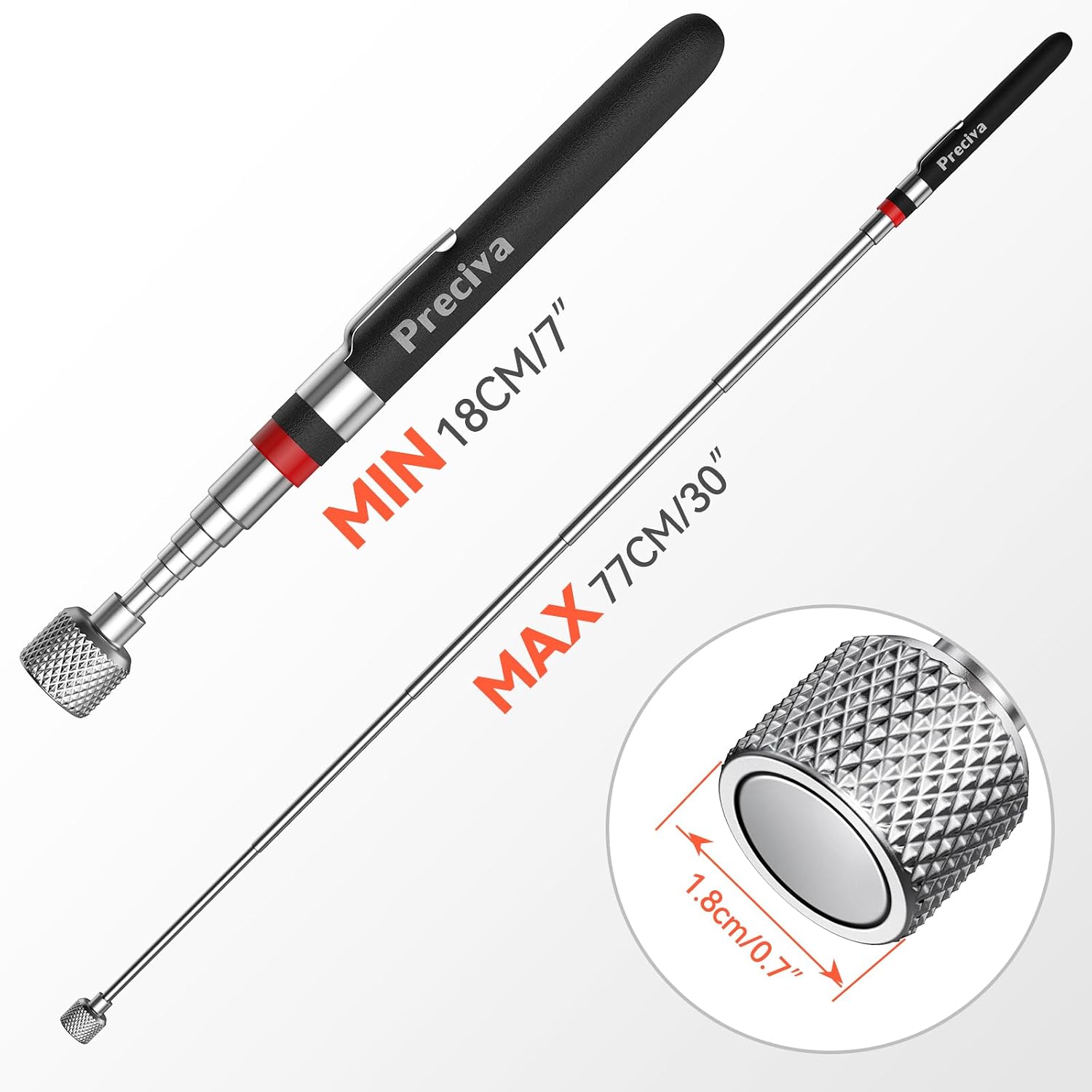 Detalle de Preciva Aimant télescopique avec upgrade magnétique 15LB, 18 à 77 cm — bâton extensible