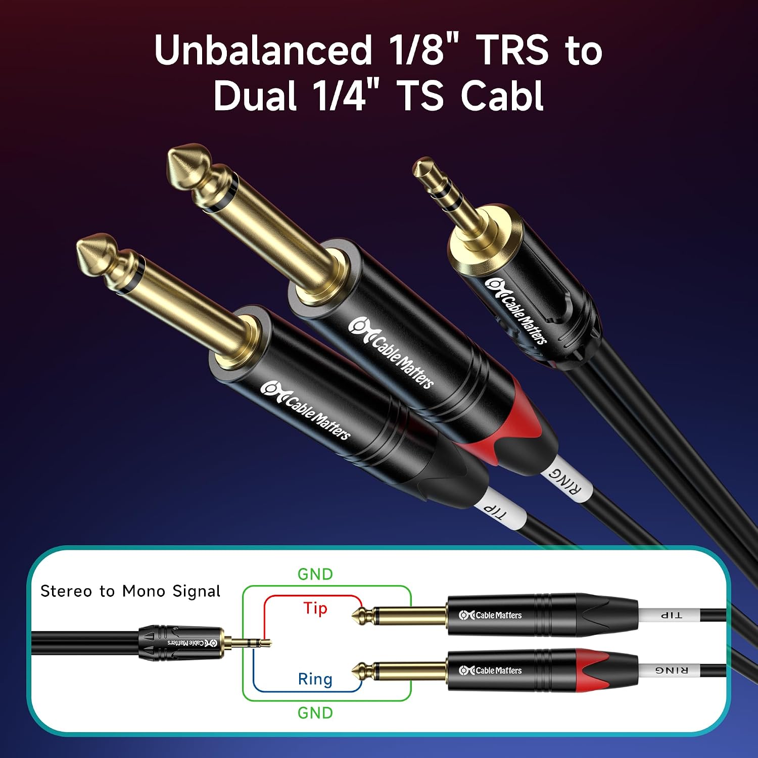 Thumbnail 1 de Cable Matters 3.5mm TRS－デュアル6.35mm TSオーディオ分岐ケーブル 10フィート