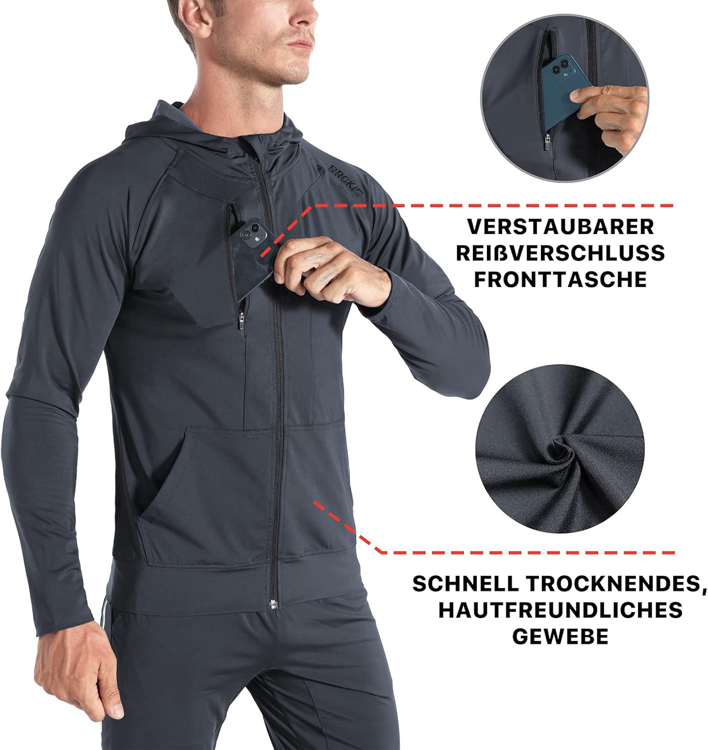 Thumbnail 2 de BROKIG Leichte Hoodie Herren – Schnelltrocknende Laufjacke mit Reißverschluss