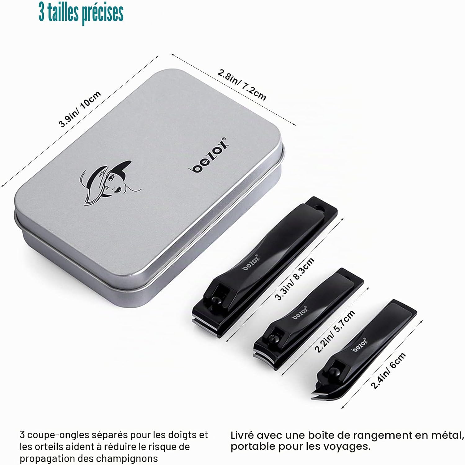 Detalle 2 de BEZOX Lot de 3 Coupe-ongles en acier inoxydable – tailles 83/57/60 mm avec lime intégrée