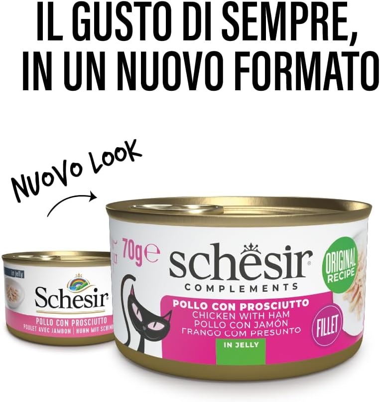 Detalle de Schesir Filetti di Pollo con Prosciutto in Gelatina — Cibo Umido per Gatti, 12 lattine da 70 g