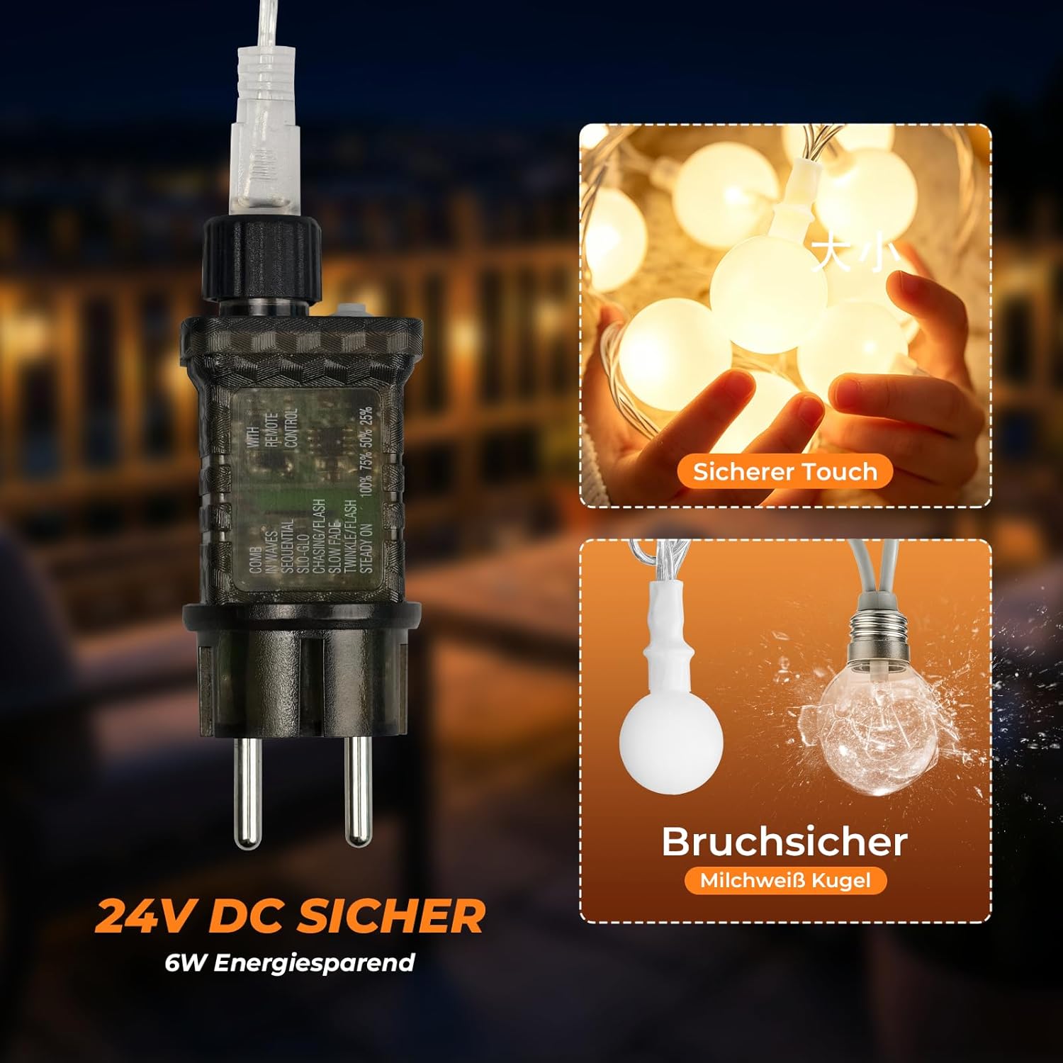 Thumbnail 6 de kozamas LED Kugel-Lichterkette 15 m (100 LED) warmweiß, IP44 – 8 Modi für Außen & Innen