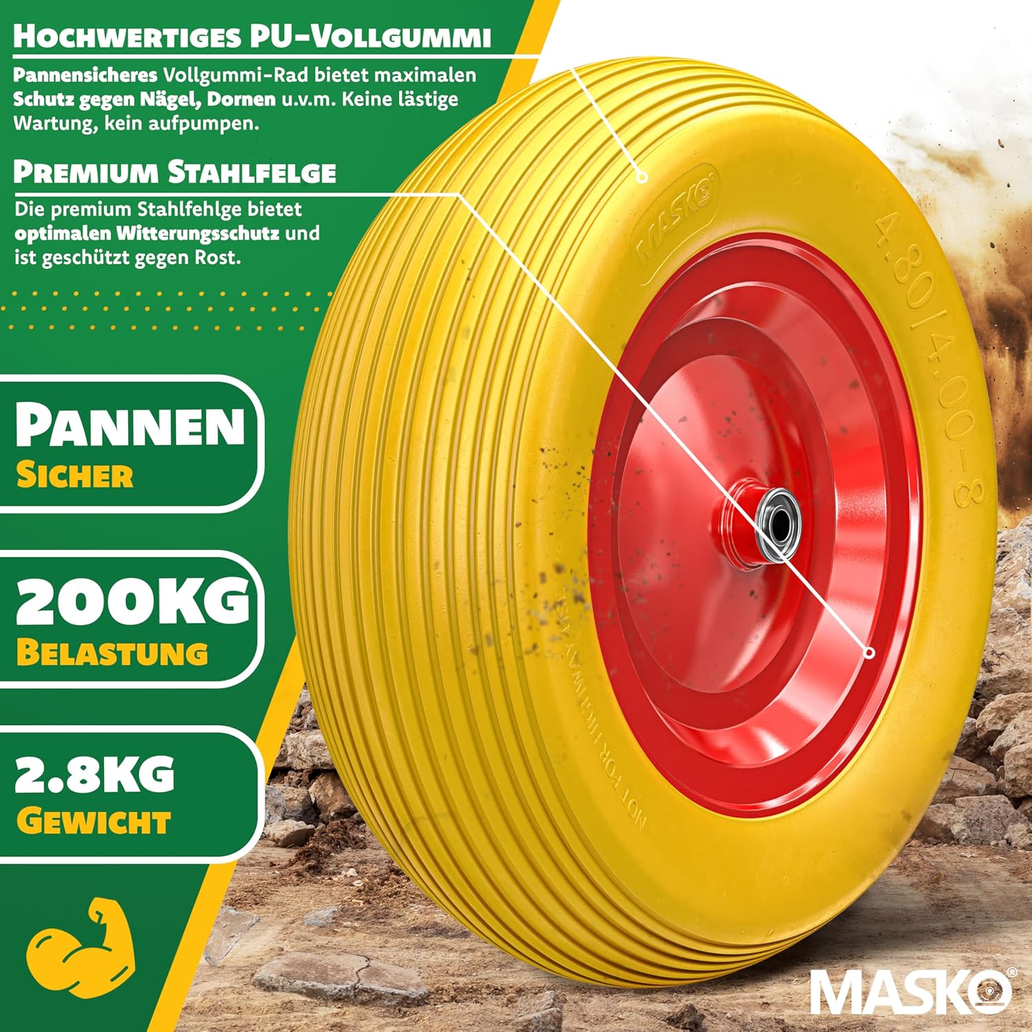 Thumbnail 3 de MASKO PU-Schubkarrenrad Vollgummi 200 kg | Ø 390 mm, 4.80/4.00-8, Stahlfelge
