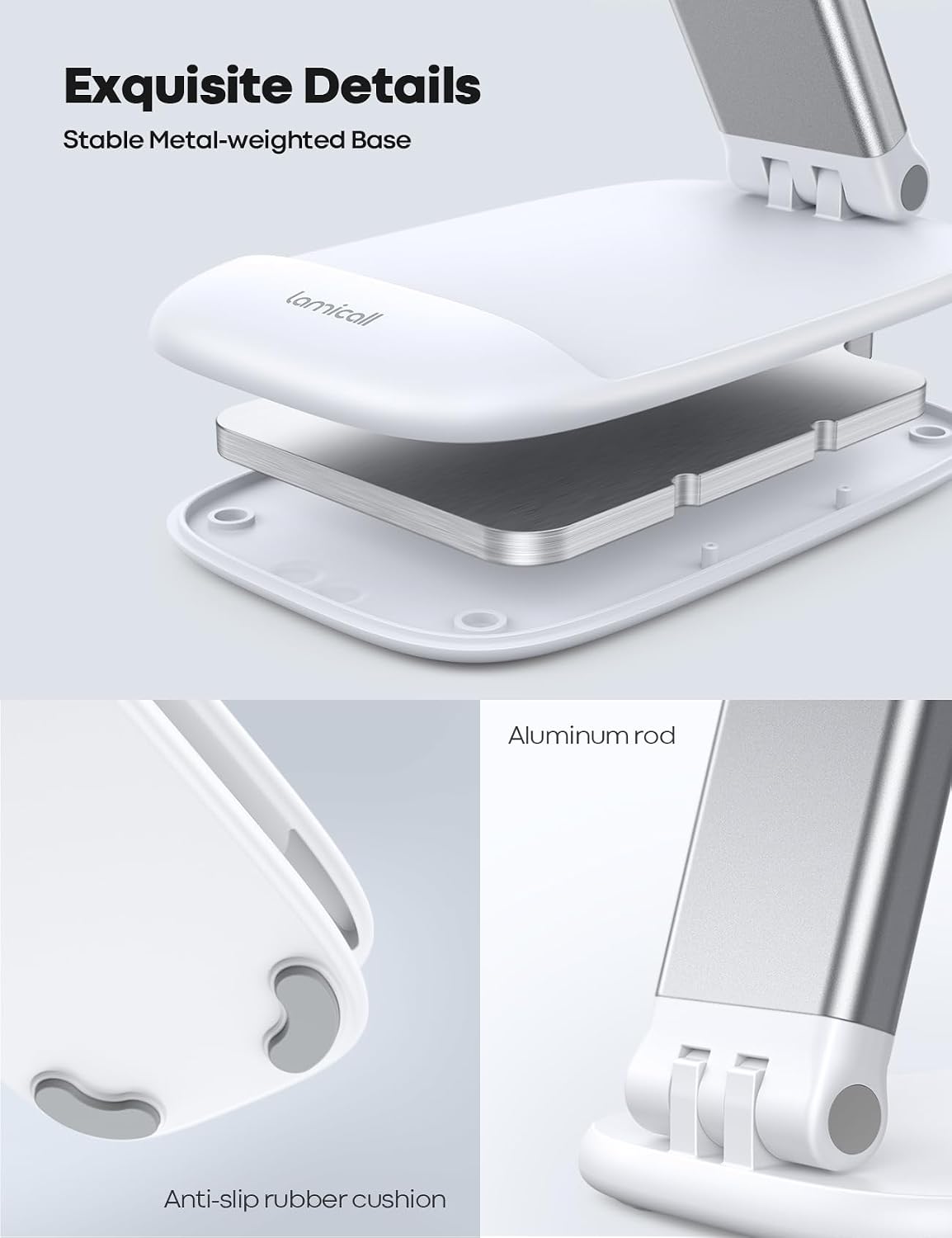 Detalle de Lamicall Adjustable Phone Stand for Desk (Foldable Metal Base) – White, for 4"–8" phones & tablets