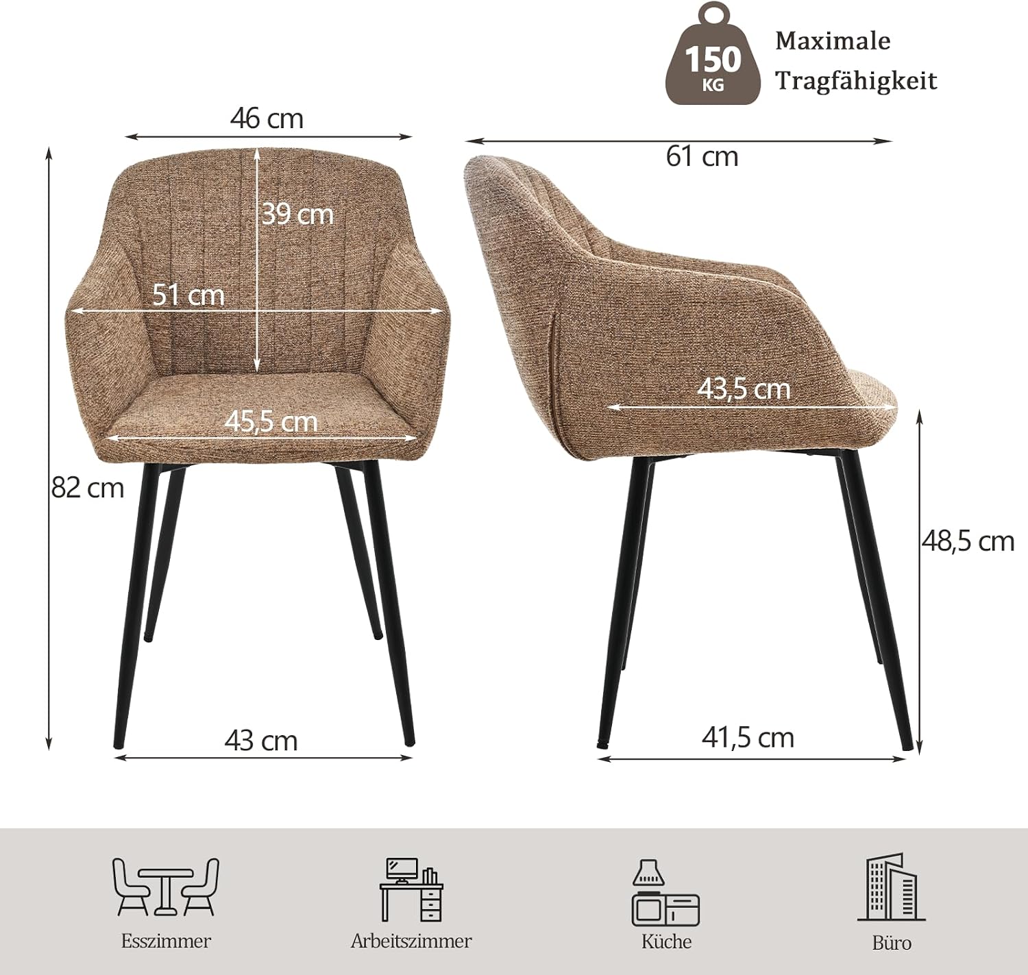 Thumbnail 2 de Goeurvant Set da 6 sedie da pranzo con braccioli in ciniglia marrone moka – eleganza e comfort per tavolo domestico